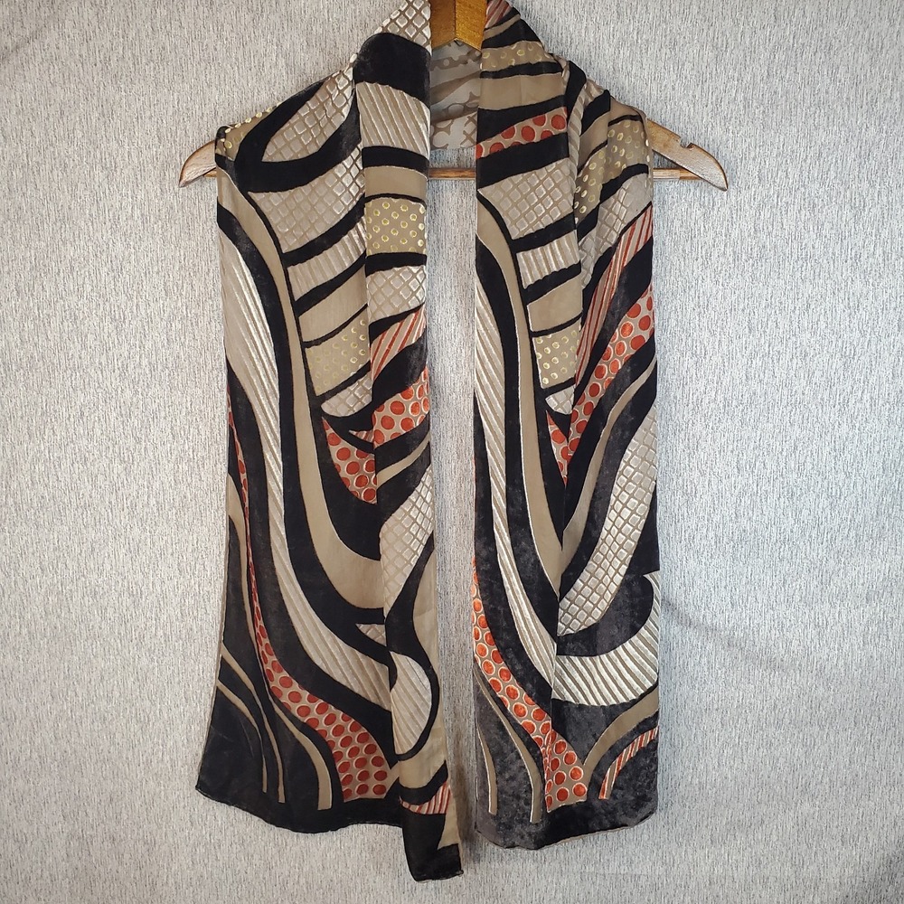 Red‎ Fish Designs Silk Blend Velvet Burnout Scarf Semi Sheer Retro Geometric